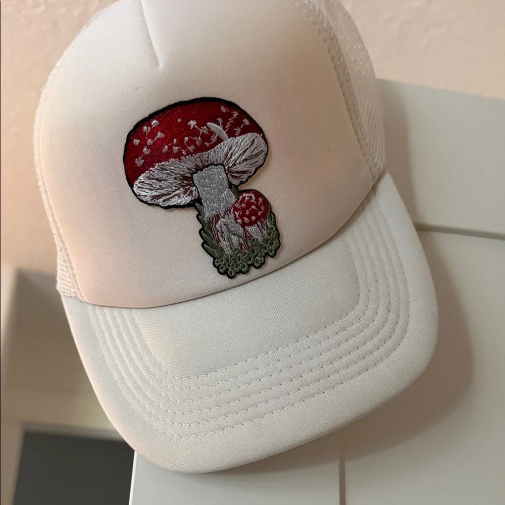 White Cap with Red Mushroom Embroidery - Picture 1 of 2